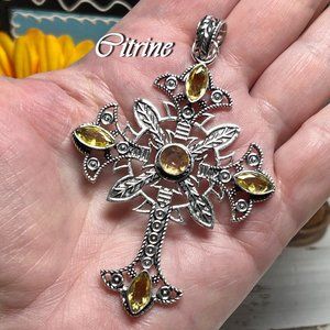 Citrine Cross Pendant Handmade Gemstone Crystal Silver Overlay Bohemian Large